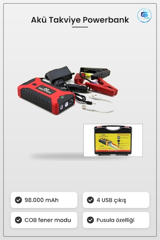 Araç Akü Takviye Powerbank Şarj Cihazı 4 Usb Fener Cob Pusula 98.