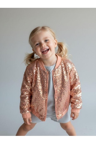 Zekids Kız Çocuk Payetli Fermuarlı Tasarım Ceket-16898 Pembe
