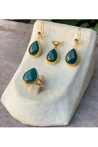 14 Ayar Altın Damla Model Yeşil Akik Set
