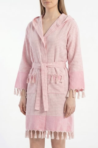 Kapşonlu Unisex Peştemal Plaj Bornozu %100 Pamuklu Seaside Stripe Pembe