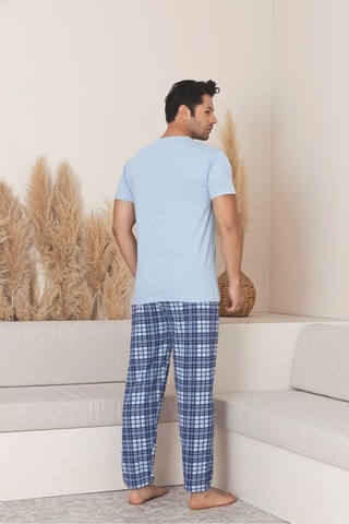 Sude Homewear Erkek Ekoseli Kısa Kol Pijama Takımı Mavi