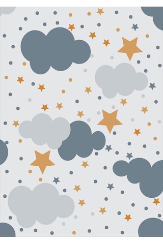 Kaymaz Tabanlı Ince Yıkanabilir Çocuk Halısı Yıldız Bulut Çok Renkli