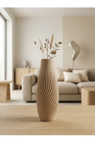 Kaveld Liora Dekoratif Vazo El Yapımı Minimalist Spiral Dokulu Modern Vazo Mermer Tozu Ve Çimento Kompozit Ev Dekoru Bej