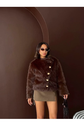 Kadın Vintage Peluş Tüylü Crop Ceket Altın Düğmeli Bisiklet Yaka Kışlık Şık Ceket Koyu Kahve