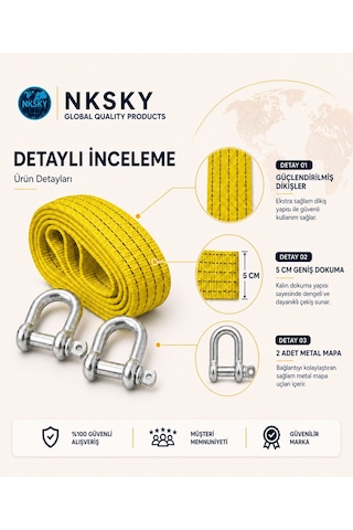 Nksky 3 Ton Araç Çekme Halatı 3 Metre 5 Cm Genişlik Güçlendirilmiş Uçlu Oto Çeki Halatı