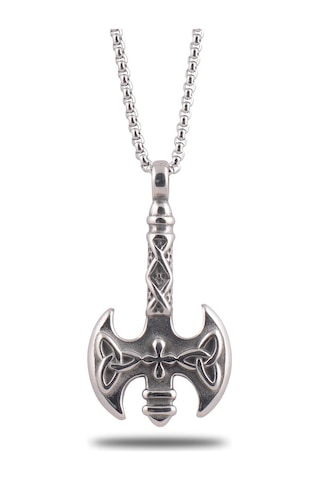 Ottoman Motifli Çift Taraflı Balta Model Çelik Erkek Kolye Zincir