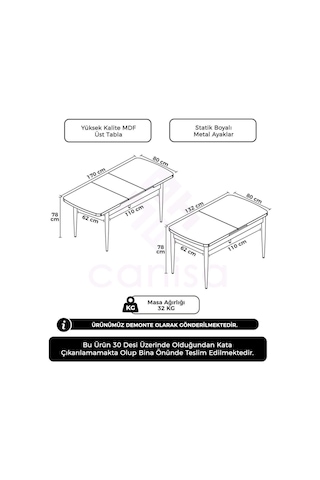 Canisa Concept Zen Serisi 80x132 Mdf Açılabilir Beyaz Mermer Desen Masa Masa Beyaz Mermer Desenli Ayakları Beyaz