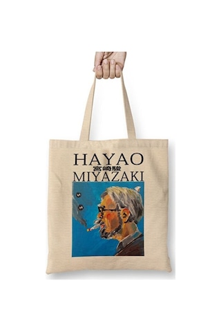 Toyaso Hayao Miyazaki Thinking Face Bez Çanta Uzun Saplı Alışveriş Çantası Plaj Çantası Beyaz