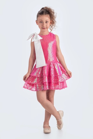 Etekli Şık Elbise Pullu 3 Kat Fuşya