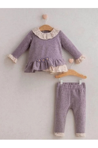 Kız Bebek Çiçek Desenli 2 Li Takım-15268 Mor