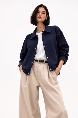 Kadın Oversize Basic Gabardin Mevsimlik Polo Yaka Ceket-385 Lacivert