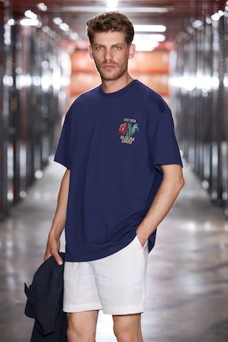 Grımelange Exotıc Erkek %100 Organik Pamuklu Baskı Detaylı Rahat Kalıp Lacivert T-shirt