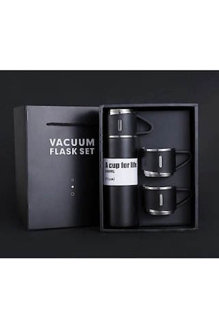 Paslanmaz Çelik Vacuum Termos 3 Bardaklı Siyah 500ml Termos Seti Siyah