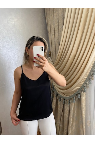 İlayla Saten Askılı Bluz Siyah