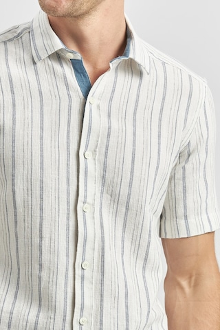 İmza Koyu Lacivert Kısa Kollu Çizgili Armürlü Garnili Pamuklu Casual Slim Fit Dar Kesim Gömlek 1004240244 Koyu Lacivert