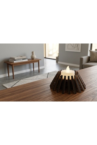 Piramit Tealight Mumluk Ahşap Mumluk + Led Pilli Mum 1 Adet Ham Mdf