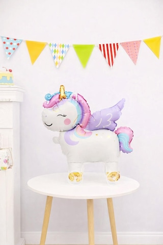 Unicorn Temalı Folyo Yürüyen Balon Tekerlekli Sevimli Unicorn Balon 54x48,5 Cm Renkli