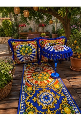 Missidea Limona Blue Bohem Ledli Bali Şemsiyesi Seti Led'li Şemsiye + 2 Adet Kırlent + Runner Mavi