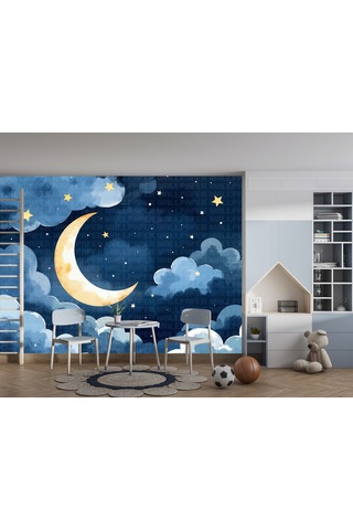 Suluboya Bulutlar Ay Ve Gece Çocuk Odası Poster Duvar Kağıdı