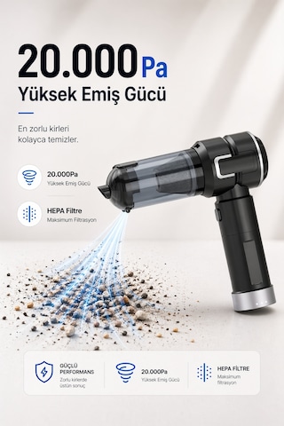 20000pa Led Işıklı Çift Bataryalı Güçlü Vakum Araç Süpürgesi Powerbankli Çantalı Üflemeli Süpürge
