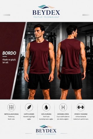 Beydex Erkek Nem Emici Hızlı Kuruma Atletik Teknik Sporcu Sıfır Kol T-shirt Gym Bordo