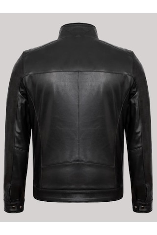 Hakiki Kuzu Derisi Siyah Erkek Deri Mont Omuz Kol Işlemeli Slim Fit Deri Ceket Siyah