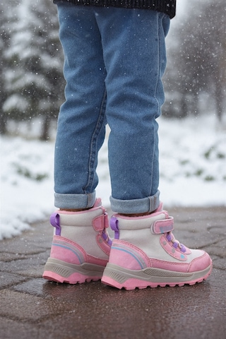 Kız Çoçuk Sim Detaylı Kışlık Kaymaz Taban Su Geçirmez Cırt Cırtlı Yarım Bot Pembe