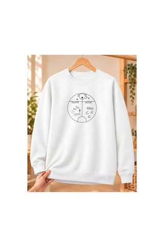 Mor Mürekkep Kam Davulu Baskılı Bisiklet Yaka Sweatshirt - Beyaz