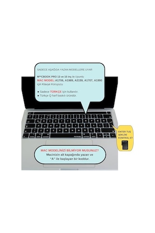 Macbook Pro Touch Bar Türkçe Q Klavye Koruyucu Silikon Keyboard Cover 13-15 İnç Uyumlu A1706 A1989 A2159 A1707 A1990 Uk Iso Ters L Enter Siyah 43343480