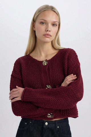 Defacto Relax Fit Bisiklet Yaka Düğmeli Örgü Desenli Triko Hırka E1962AX24WNBR43 Bordo