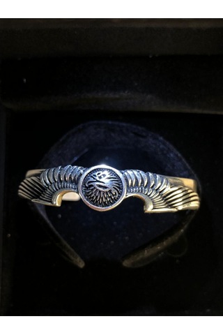 Erkek Gümüş Bileklik - Kartal Motifli Kelepçe Model Işıklı Kutuda Sevgiliye Eşe Babaya