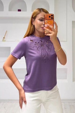 Fiolin Soft Touch Modal Kumaş Nakışlı Lazer Kesim T-shirt Mor