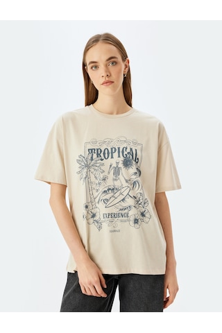 Koton Slogan Baskılı Kısa Kollu Bisiklet Yaka Oversize Tişört Bej 5sal10076ık Ekru