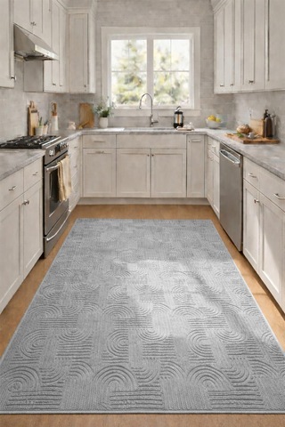 Raschel Carpet Premium Yıkanabilir Leke Tutmaz Emboss Bohem Açık Gri Mutfak Halısı Özel Seri Kaymaz Taban Halı Açık Gri