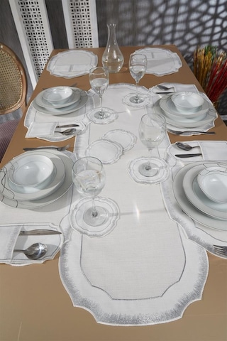 Aslı Keten Nakışlı Amerikan Servis Takımı 19 Parça Silver Gümüş