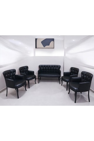 Siyah Deri Gürgen Ayaklı Pera Ofis Koltuk Takımı Kuaför Bekleme Koltuk Takımı Ofis Mobilyası Siyah