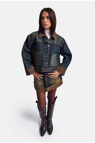 Kadın T.kot Rengi 2w6-8 Oversize Kemer Boy Leopar Detaylı Tasarım Denim Ceket