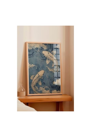 Mavi Tonlarda Koi Balıkları Ve Japon Dalgaları Temalı Ahşap Çerçeveli Tablo, 30 X 40 Cm