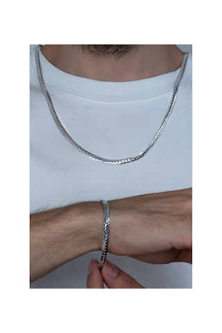 Gümüş İtalyan Ezme Yassı Yılan Çelik Unisex Set Tak... Silver