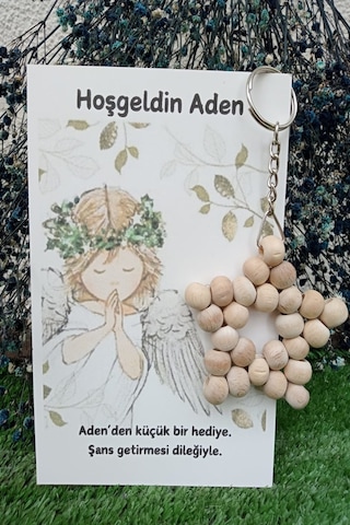 10 Adet Melek Kartlı Ahşap Yıldız Anahtarlık - Bebek Hediyesi -