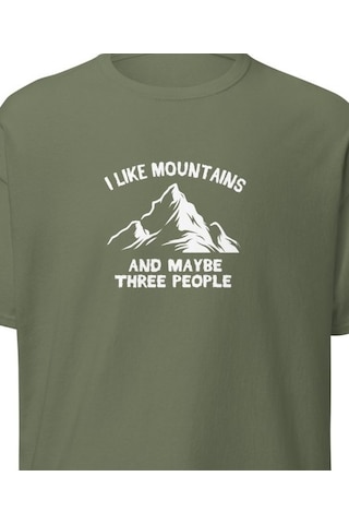 Wildstyle I Like Mountains And Maybe Three People Dağcı Baskılı Unisex Pamuklu Tişört Haki