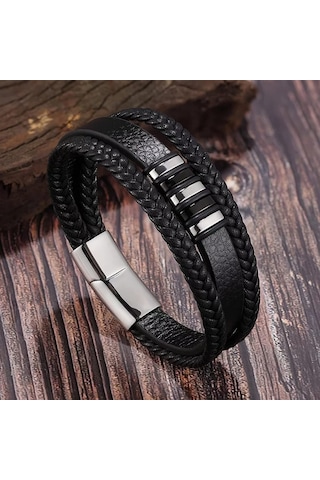Erkek Hakiki Deri Bileklik Siyah Manyetik Toka Bileklik Db5019 Gri