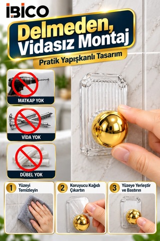 İbico 3'lü Yapışkanlı Altın Askı Seti Vidasız Montaj Güçlü Yapışkanlı Duvar Banyo Mutfak Kapı Askısı Çok Renkli
