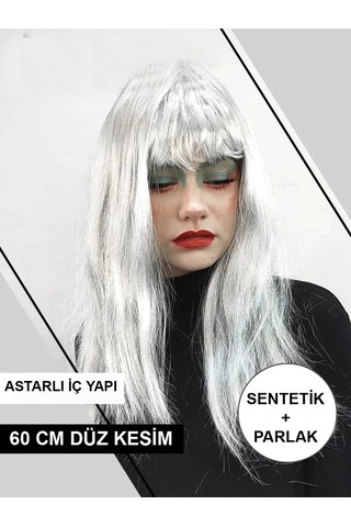 Platin Gri Gümüş Renk Uzun Parti Peruğu Uzun Takma Peruk Değişim Aracı Gece Takısı Kombin Parçası +3