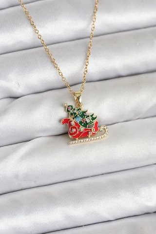 Zarif Boyunlar İçin Golden Çelik Zincir Kızak Çam Ağacı Yılbaşı Tema Kadın Kolye Metalik