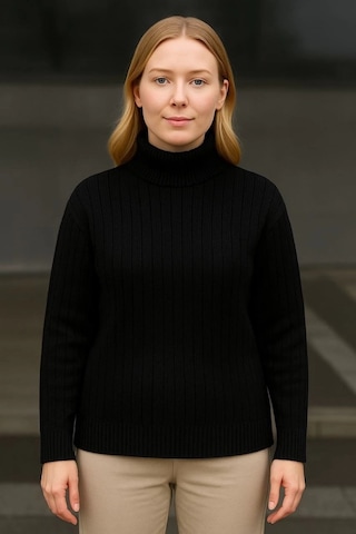 Balıkcı Yaka Bağazlı Triko Kazak Pamuklu Kalın Fitilli Dokuma - Siyah Siyah