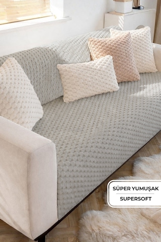 Soft Kürklü Koltuk Örtüsü 170x215 Cm Yumuşak Peluş Kaymaz Taban Kanepe Örtüsü Gri