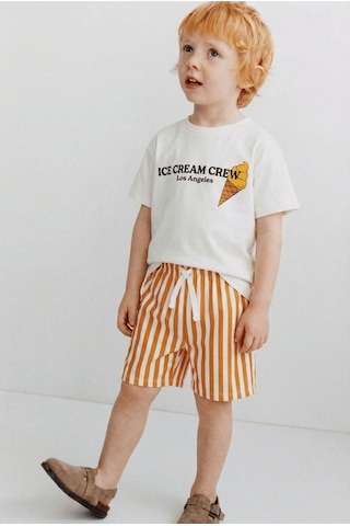Magu Unisex Çocuk Pamuklu Beyaz Dondurma Baskılı T-shirt Ve Çizgili Şort Takım - Yazlık Çok Renkli