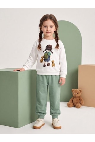 Zekids Kız Çocuk Ekru Baskılı Sweatshirt Ve Yeşil Jogger Eşofman Takımı-17434 Beyaz