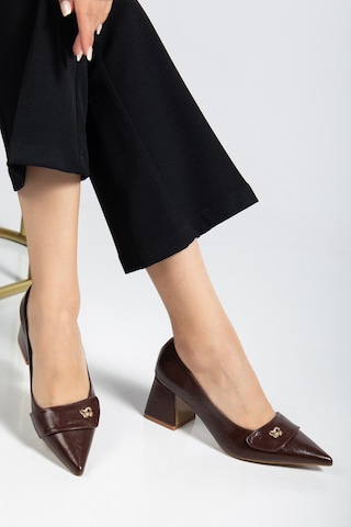 Kahverengi Büyük Beden Kadın Topuklu Ayakkabı Rugan Kalın Topuklu Sivri Burun -4335 Kahverengi